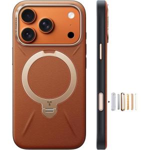 TORRAS Organic Leather for iPhone 17 Pro Case with Stand, Fit for Magsafe, 360 Spin Kickstand with Camera Control, Premium Leather Durable Stylish Q3 VegSkin for iPhone 17 Pro Phone Case, Deep Blue(Saddle Brown)