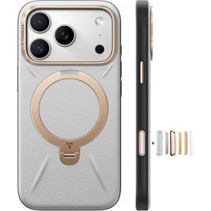 TORRAS Organic Leather for iPhone 17 Pro Case with Stand, Fit for Magsafe, 360 Spin Kickstand with Camera Control, Premium Leather Durable Stylish Q3 VegSkin for iPhone 17 Pro Phone Case, Deep Blue(Cloud White)